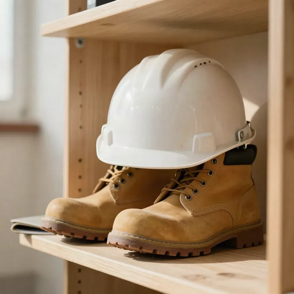 Kask, buty robocze i zamknięta teczka na jasnej ławie w porannym świetle.